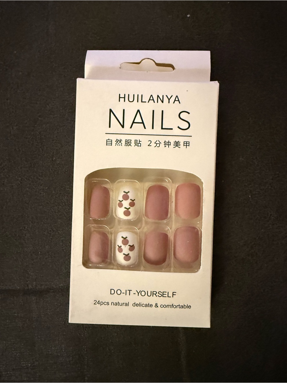 Huilanya Pink Press-On Nails with Cherry Accent - 24pcs